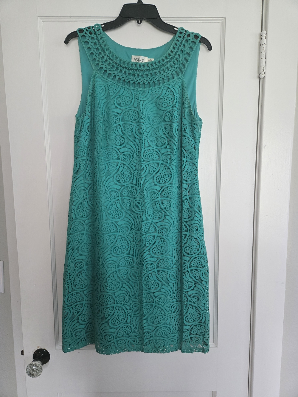 Eliza J Teal Lace Sleeveless Shift Dress with Crochet Yoke